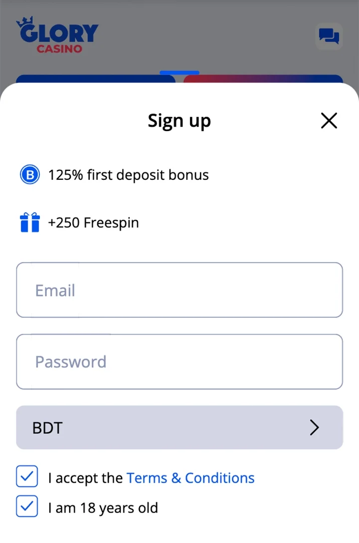Finish setting up your new Glory Casino account.