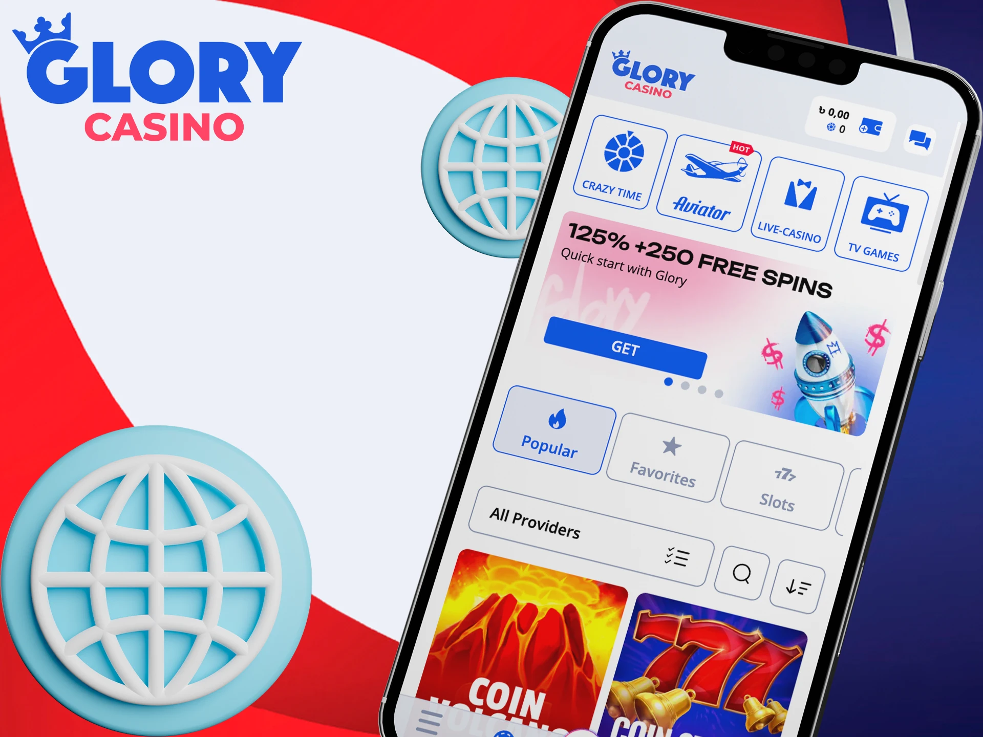 Place your bets instantly using the Glory Casino mobile web platform.