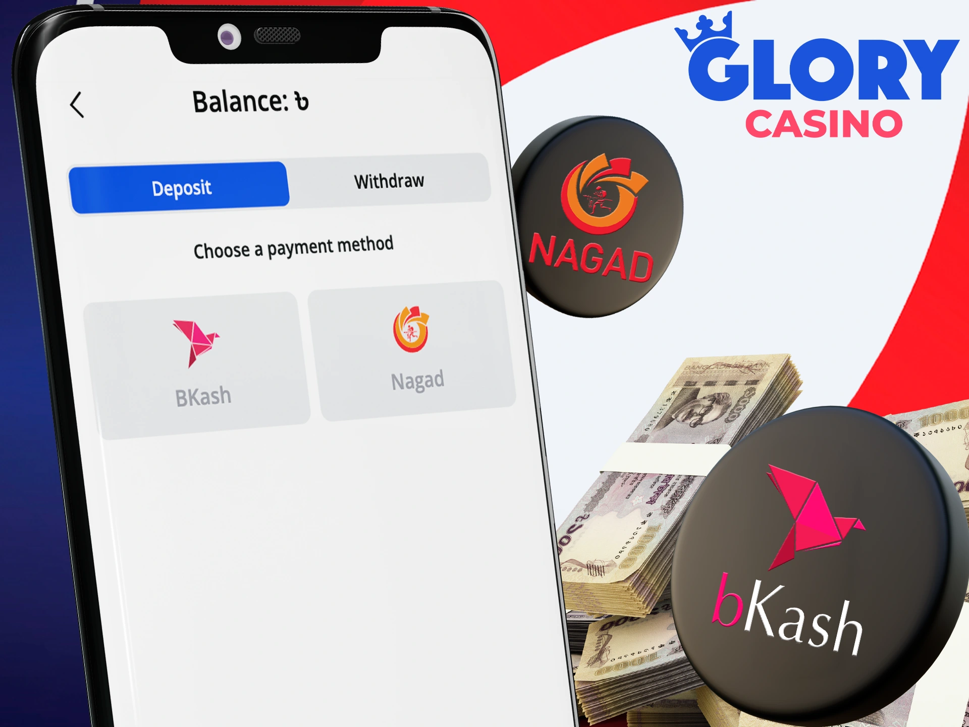 Simply head over to the Glory Casino app to pick the payment method that works best for you.