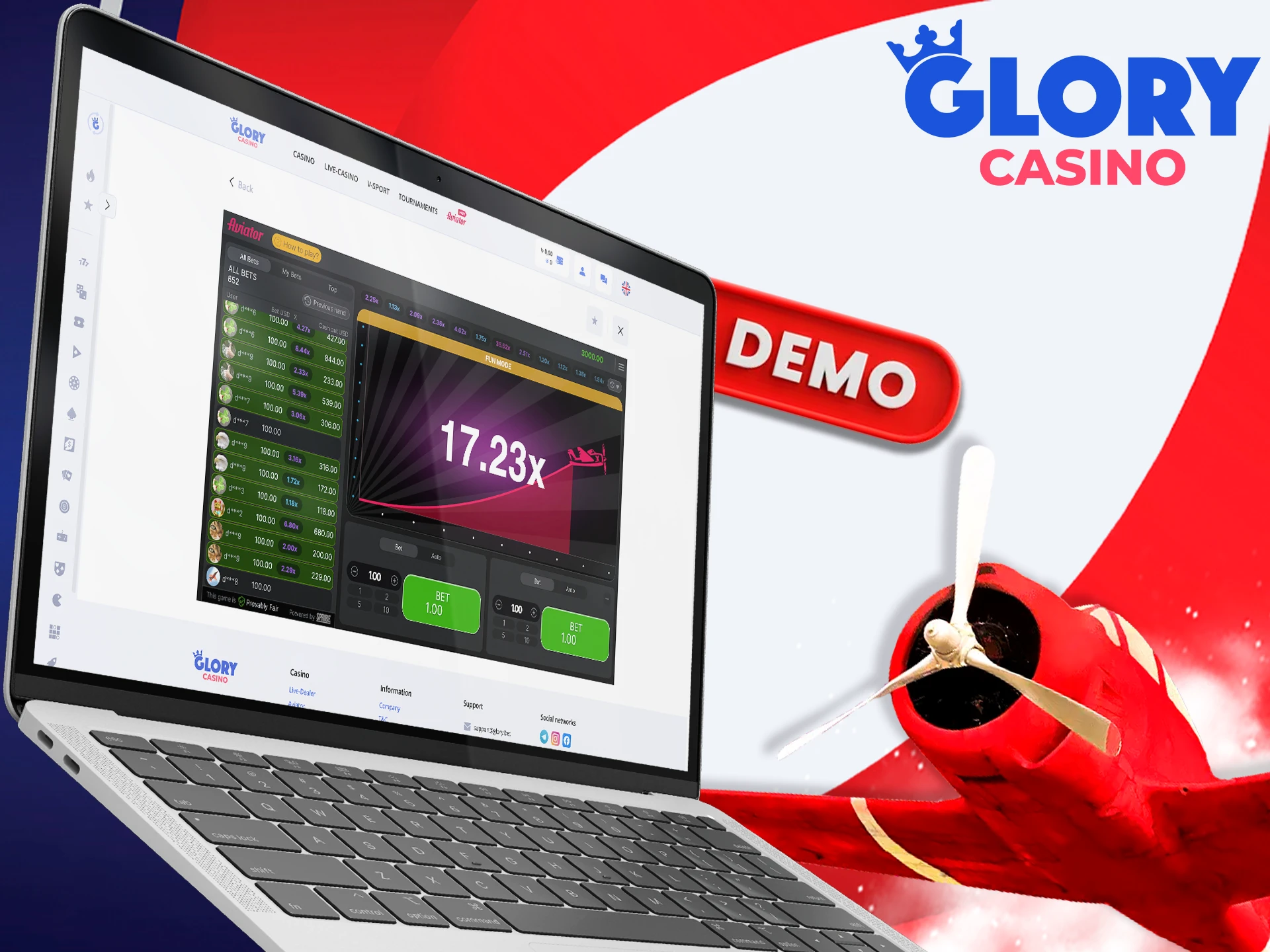 Test your skills in the Aviator demo at Glory Casino.