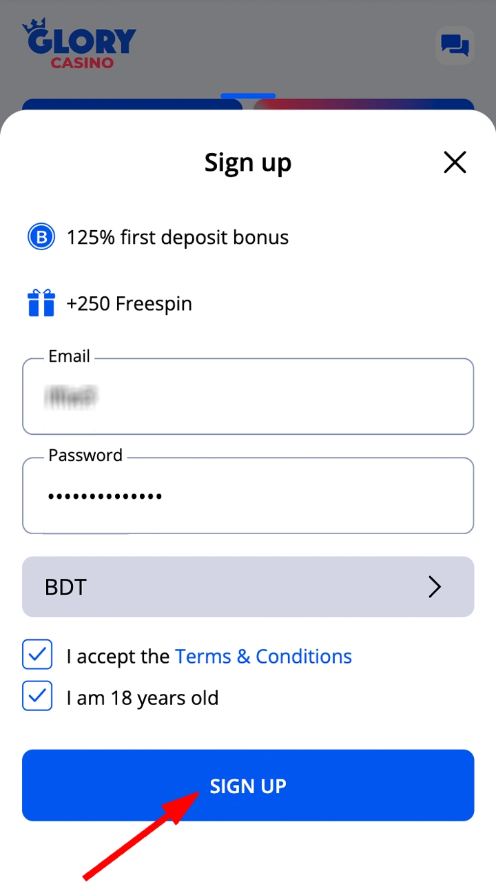 Double-check that your details are correct and submit the form to finish your Glory Casino registration.