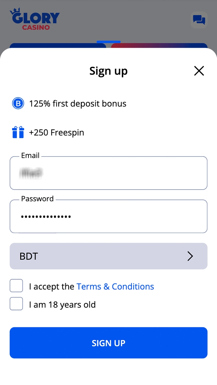 Complete the required details in the Glory Casino registration form.