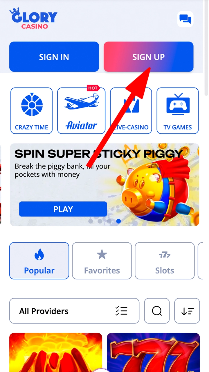 Find and click the registration button situated at the top right of the Glory Casino interface.