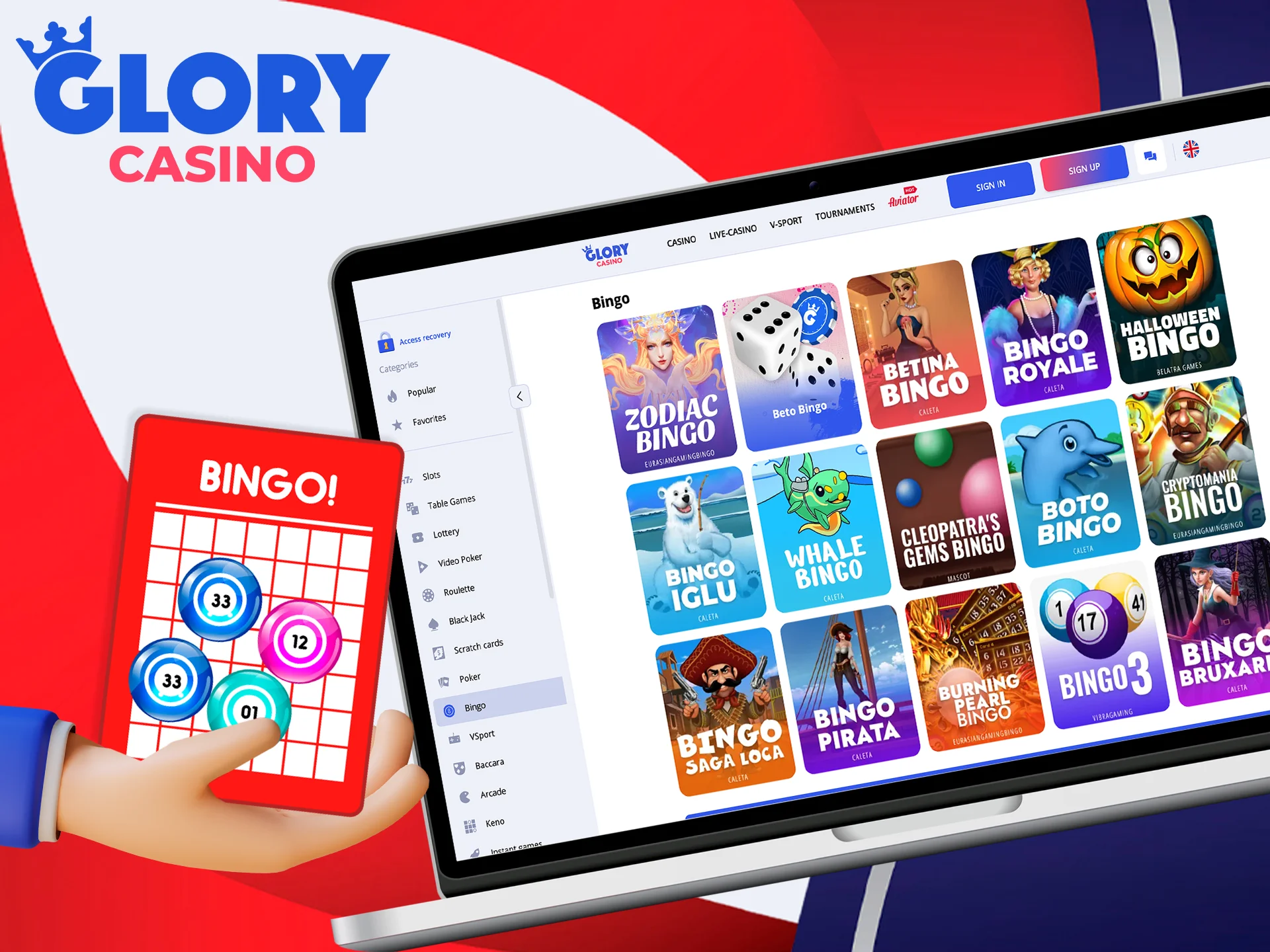 Fill your card and claim victory in Glory Casino Bingo.