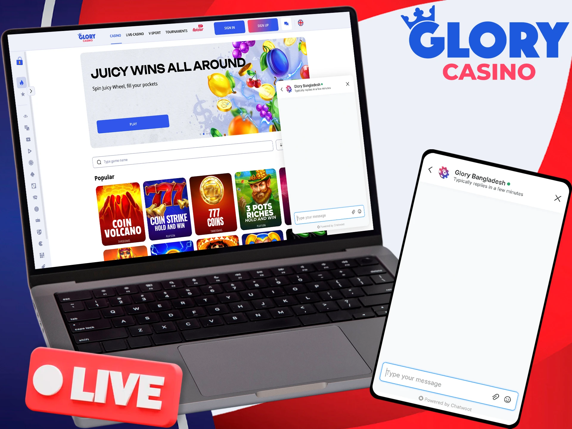 Connect with us instantly via the Glory Casino online support chat.