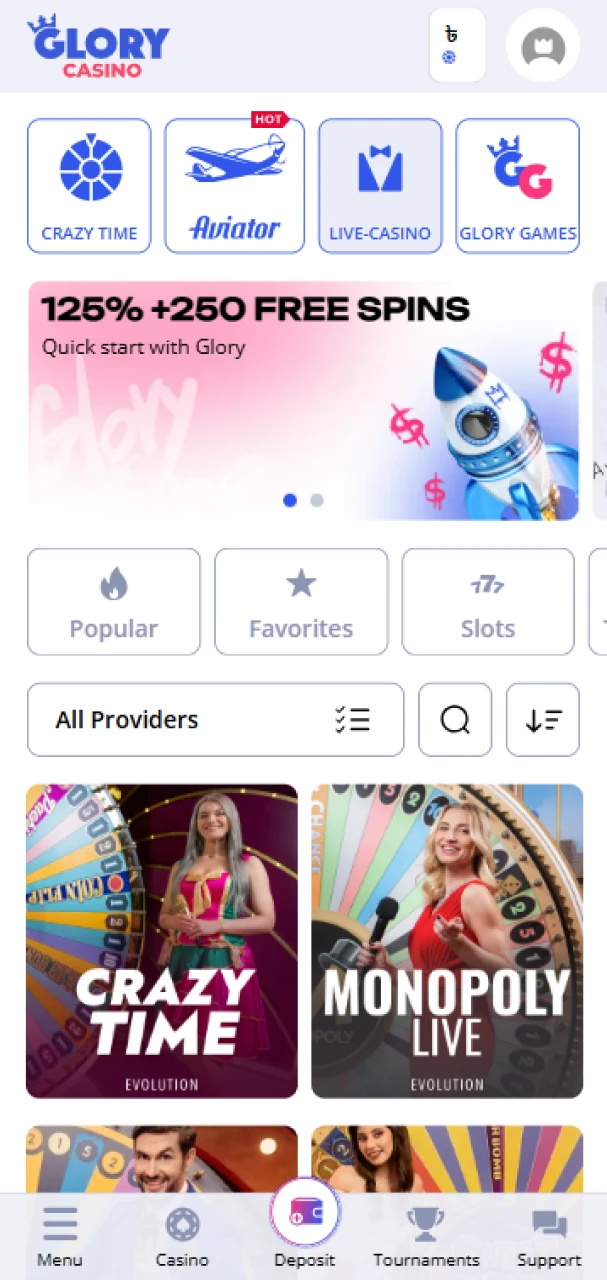 Head over to the Live Casino lobby at Glory Casino.