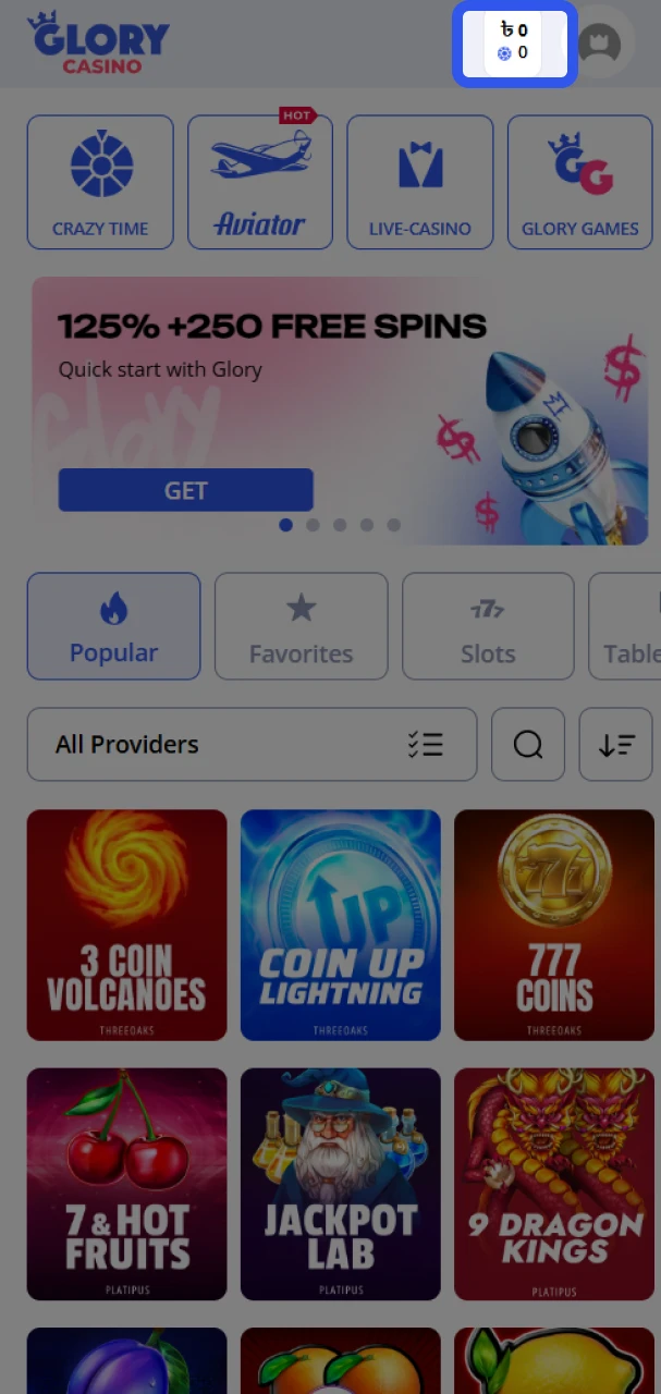 Add funds to your account to start spinning at Glory Casino.