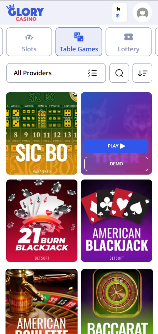 Choose your favorite table game directly from the Glory Casino site.