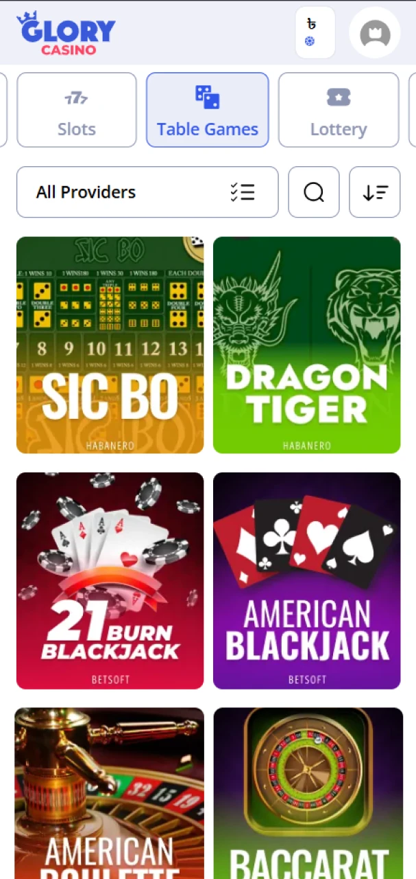 Go to the dedicated table games area to start your session at Glory Casino.