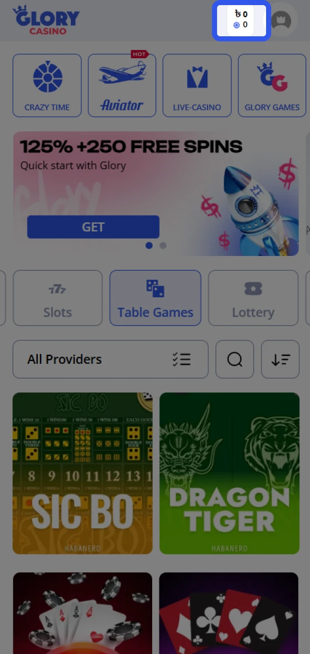 Add funds to your Glory Casino account balance.