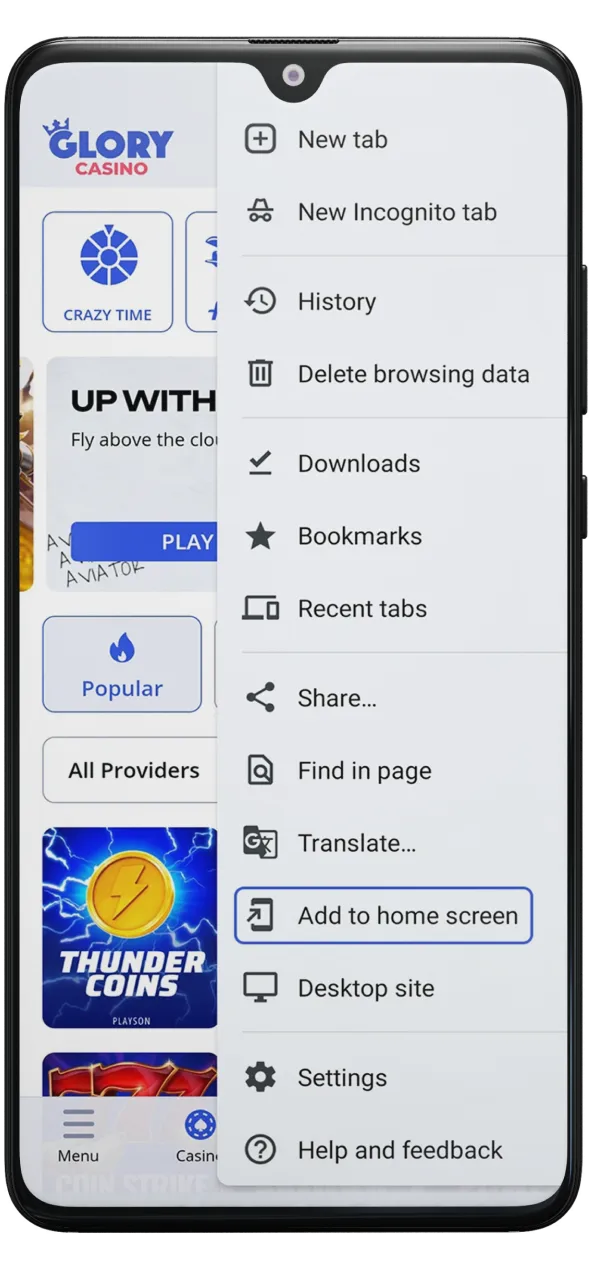 Access the browser settings to start adding the Glory Casino shortcut to your device.
