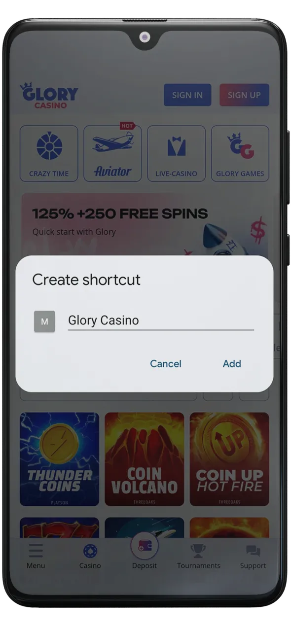 Finish the setup process for the Glory Casino Android shortcut.