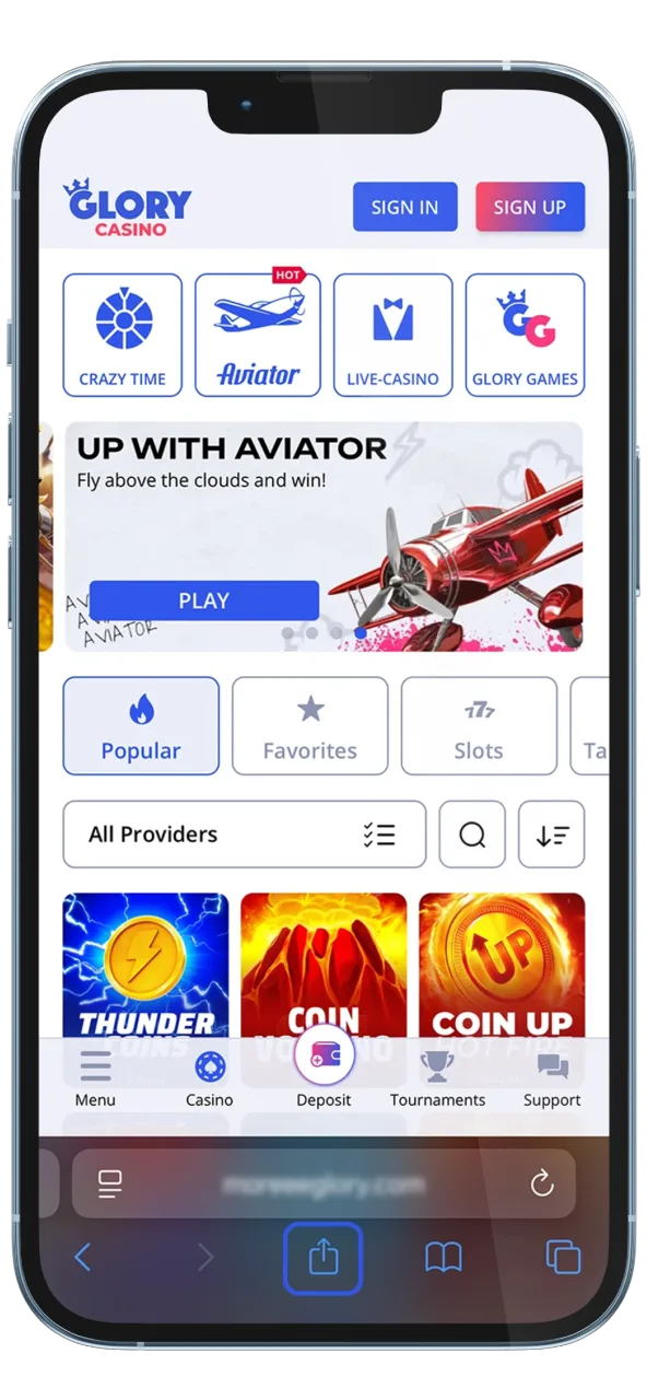 Scroll through the Safari menu to find the installation shortcut for the Glory Casino iOS experience.