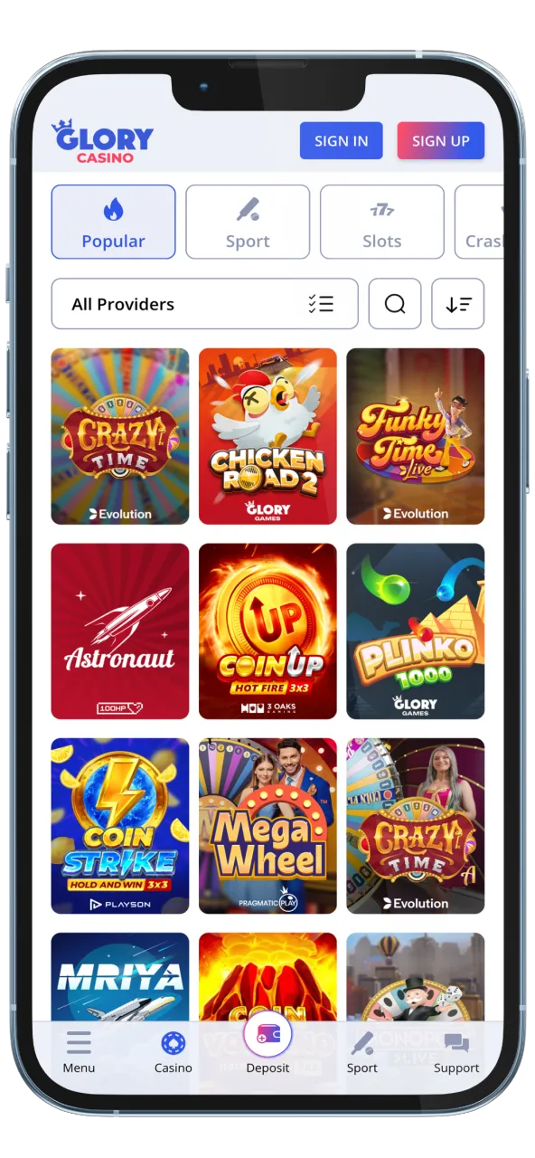 A colorful and exciting gallery of casino games powered by Glory Casino.