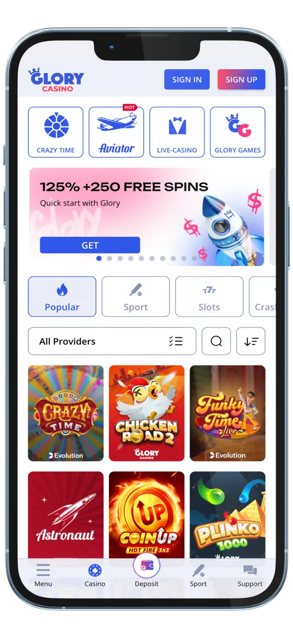 The Glory Casino home screen, featuring a bright and engaging layout of gaming options.