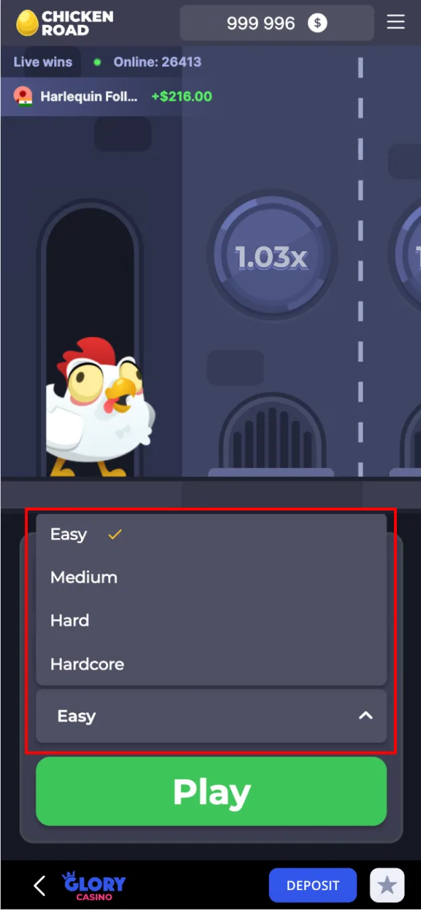 Configure your bet amount and difficulty setting in Chicken Road at Glory Casino.