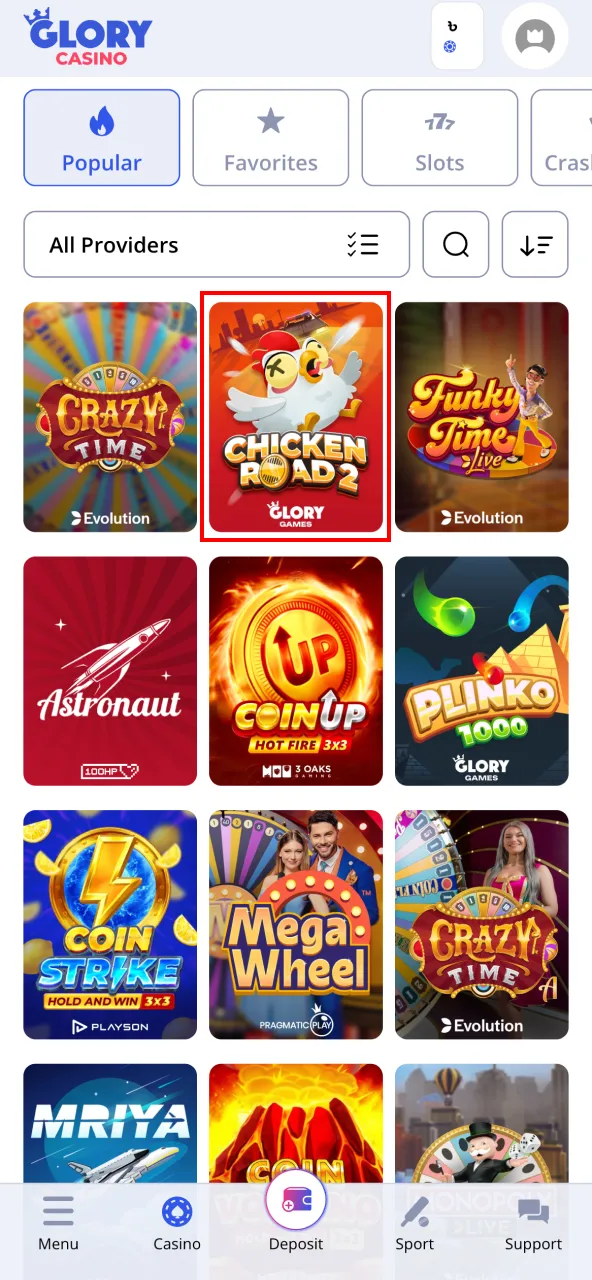 Find Chicken Road quickly using the search tool at Glory Casino.