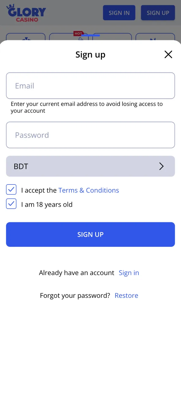Set up your Glory Casino profile and accept the site rules.