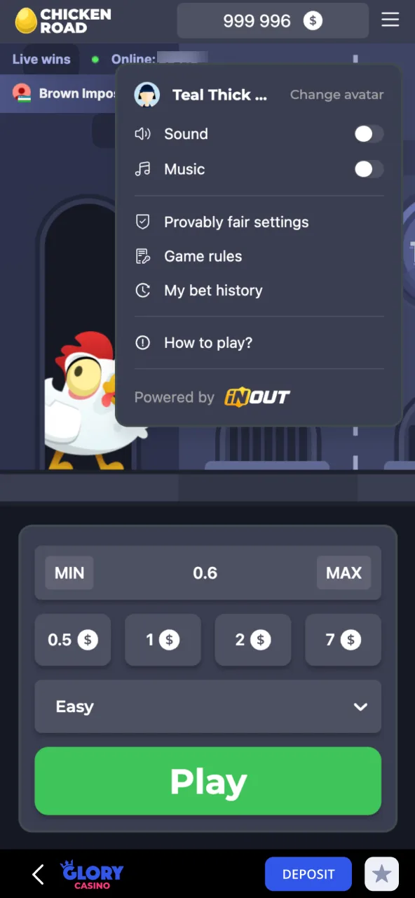 Adjust your experience in Chicken Road at Glory Casino using the settings for sound, bet amounts, and display preferences.