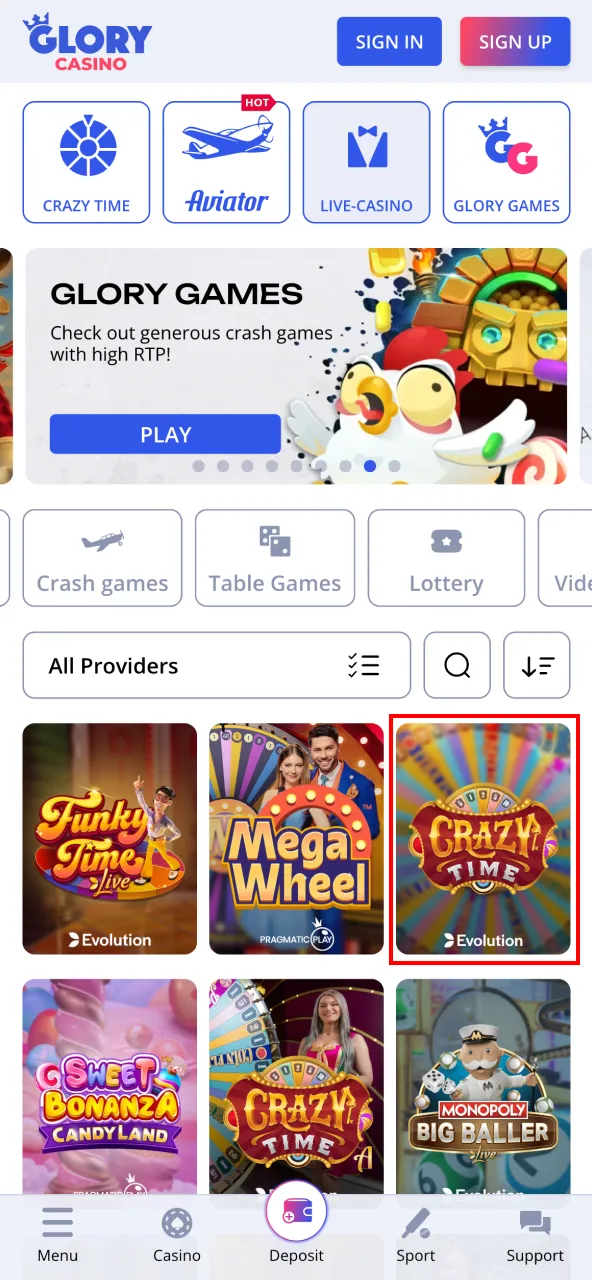 Locate Crazy Time within the Glory Casino Live Casino section.