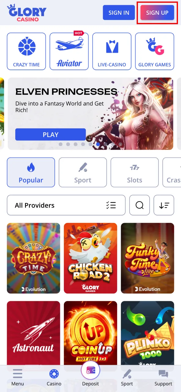 Set up your Glory Casino account in just a few seconds.