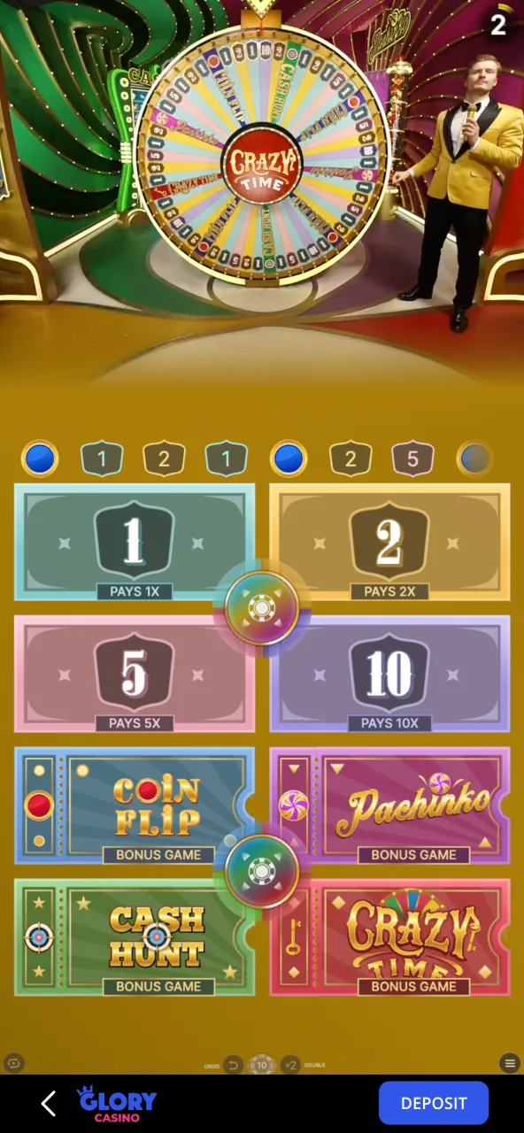 Keep an eye on every spin and result in the Glory Casino Crazy Time live feed.