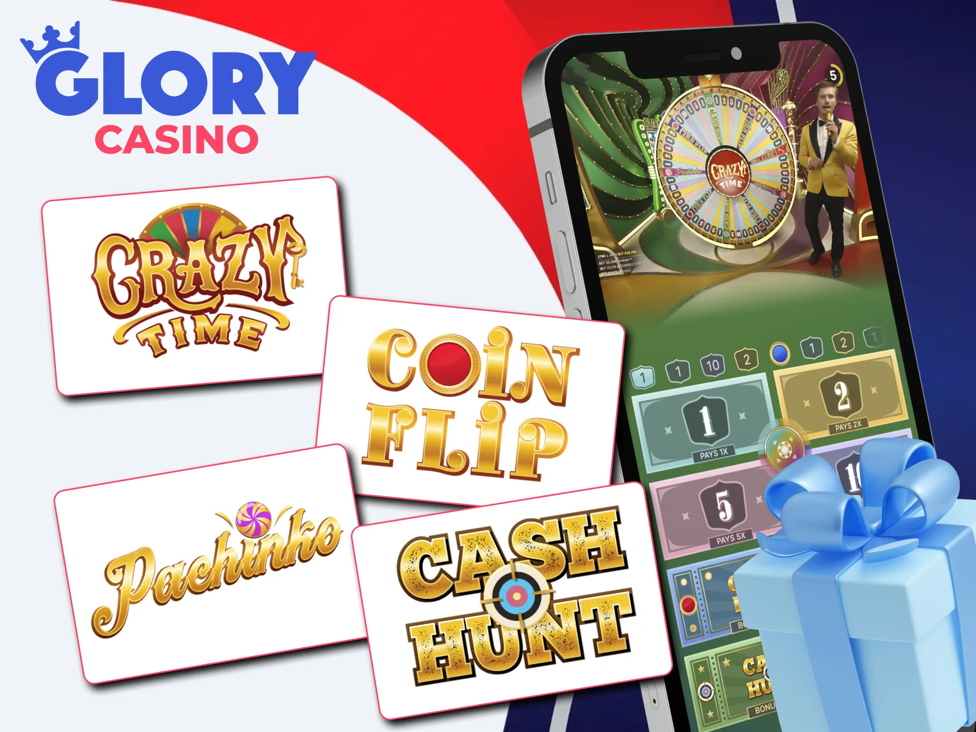 Enter Crazy Time at Glory Casino to experience the thrill of Cash Hunt, Pachinko, and other bonus events.