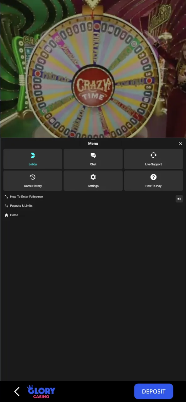 The Crazy Time settings and navigation menu at Glory Casino for quick adjustments.