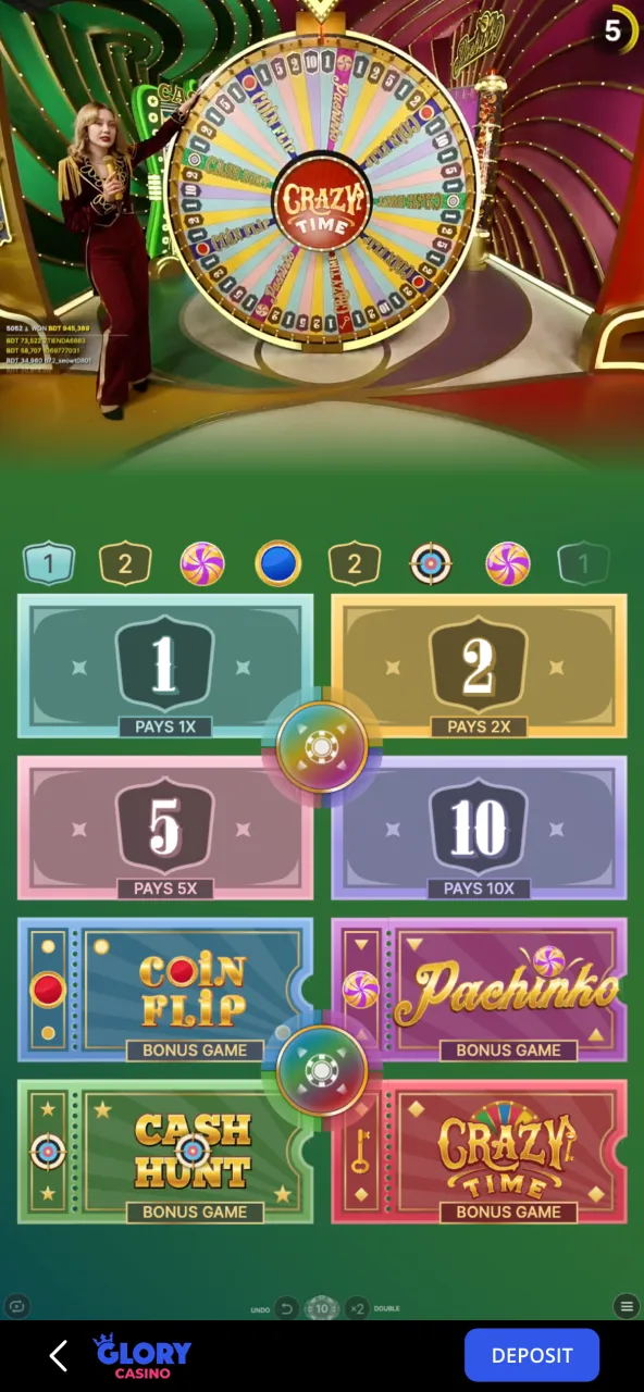 Live gameplay in Crazy Time at Glory Casino, showcasing real-time wagering.