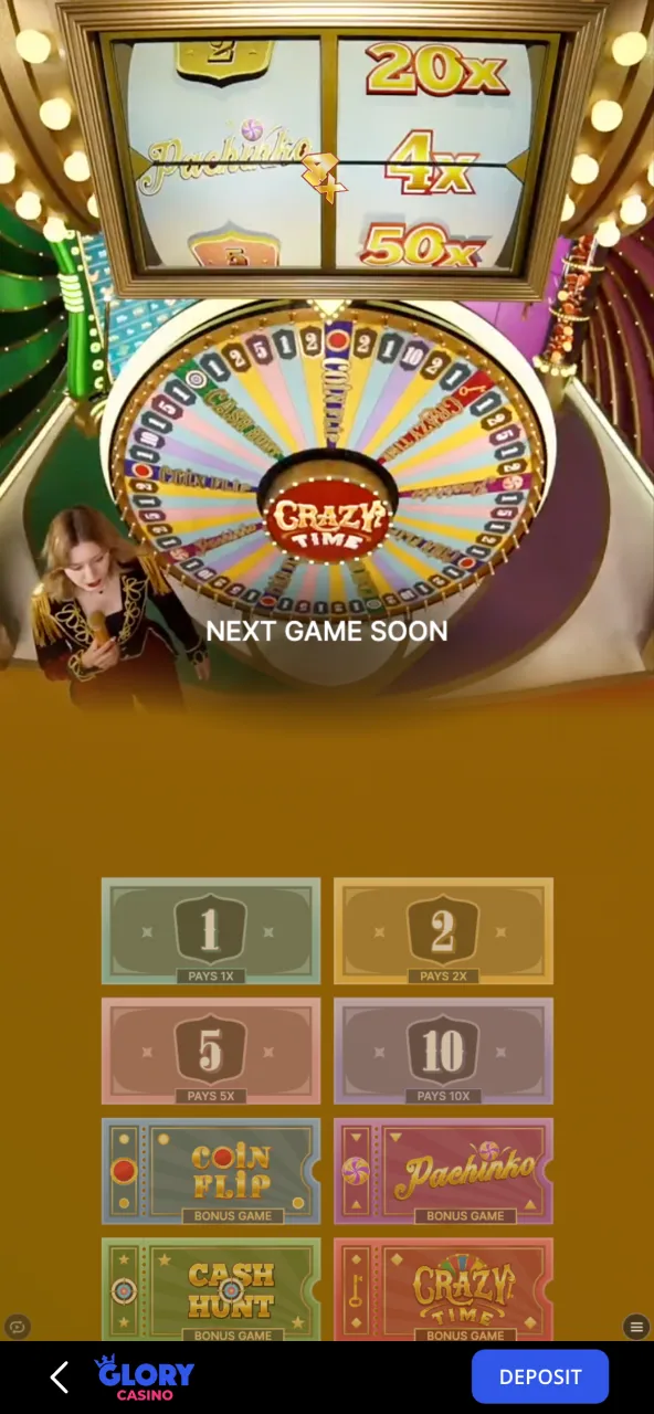 The main dashboard of Crazy Time at Glory Casino, featuring colorful graphics and instant action.