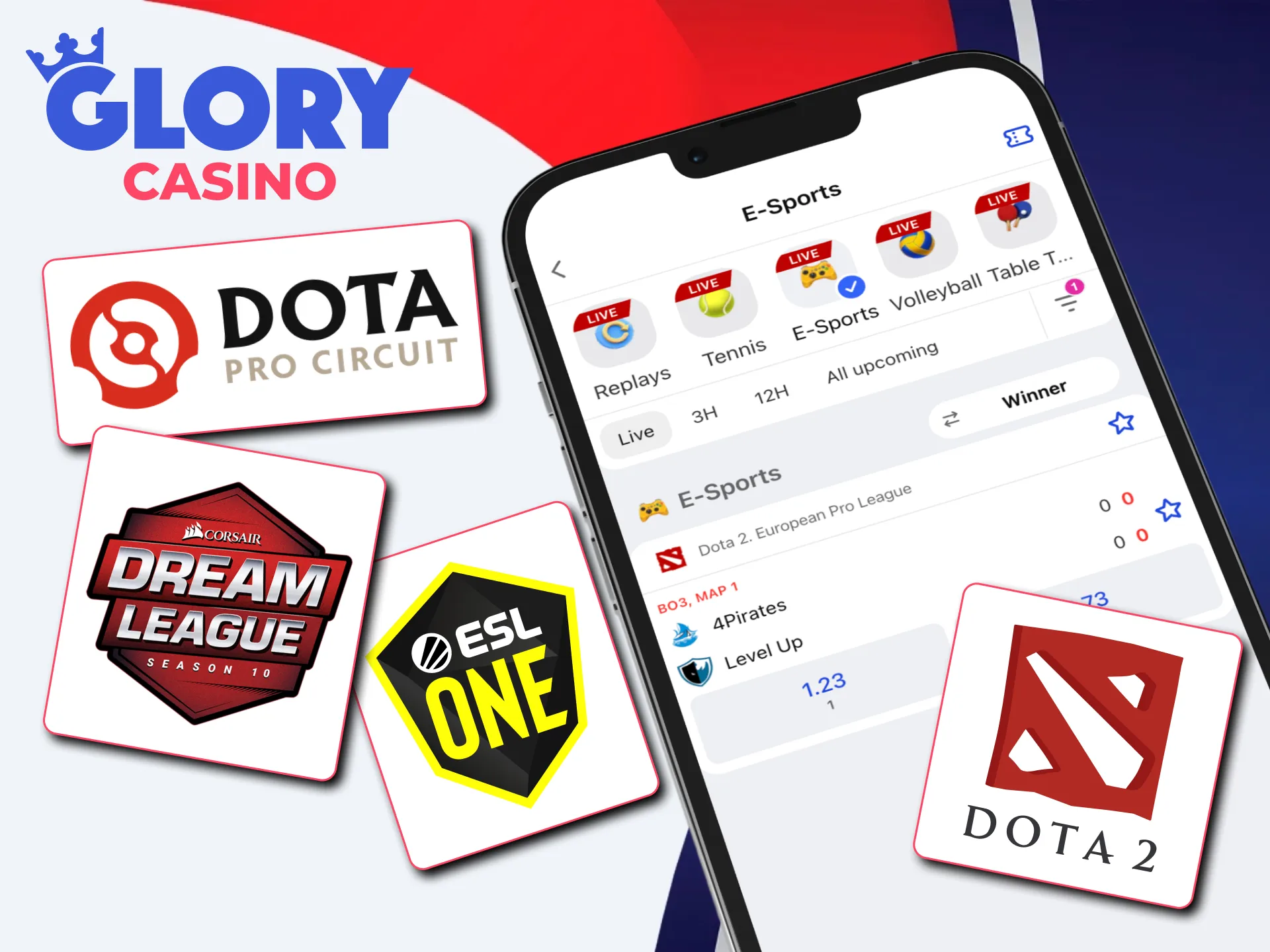 Experience the thrill of live Dota 2 betting featuring the world's top organizations at Glory Casino.